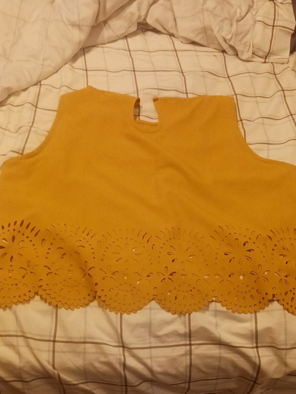 Sleeveless Mustard Yellow Laser-Cut Hem Women's Top